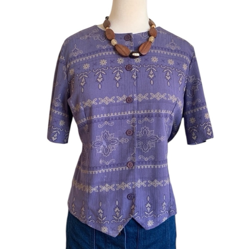 Alfred Dunner Purple Button Front Vintage Blouse Petite Size 12